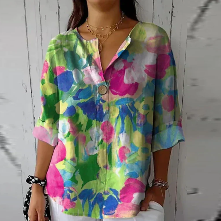 Silk-Look Floral Print V-Neck Blouse