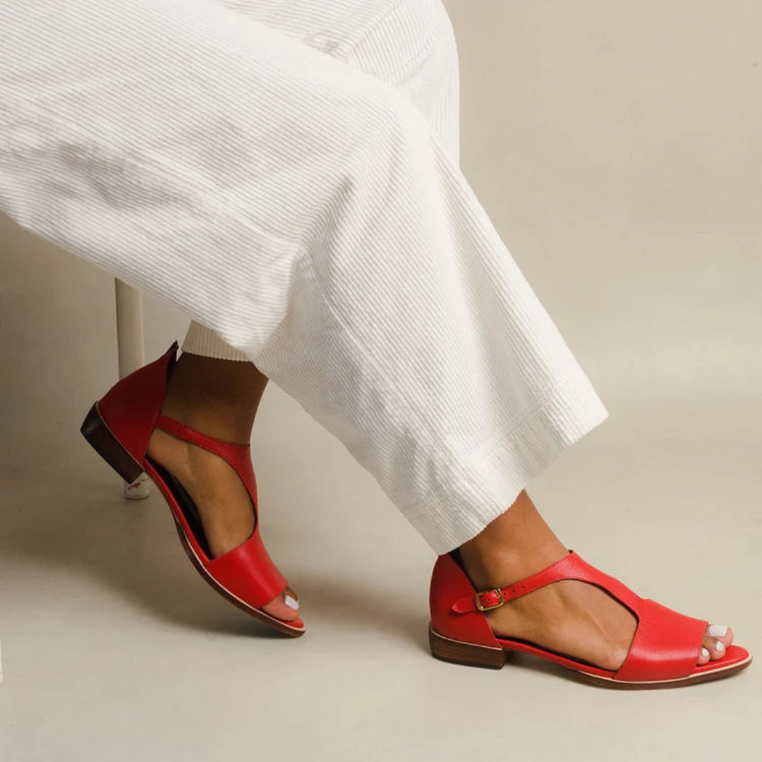 Red T-Bar Peep Toe Low Block Heel Sandals