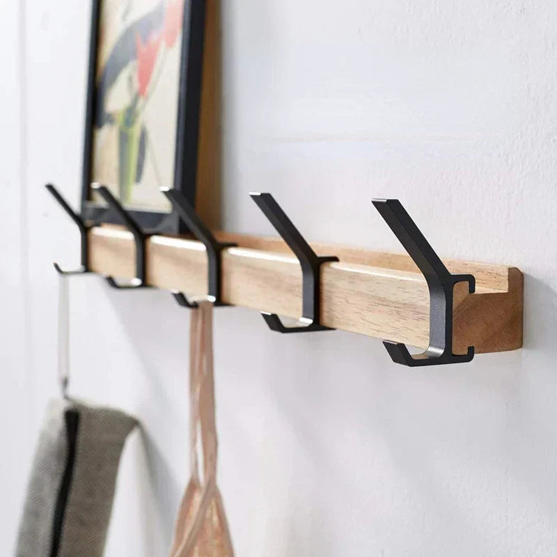 Nordic Wall-Mounted Coat Rack | Adjustable Hooks in Black & Wood Finish