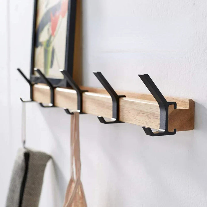 Nordic Wall-Mounted Coat Rack | Adjustable Hooks in Black & Wood Finish