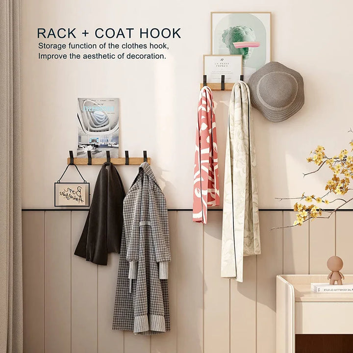 Nordic Wall-Mounted Coat Rack | Adjustable Hooks in Black & Wood Finish