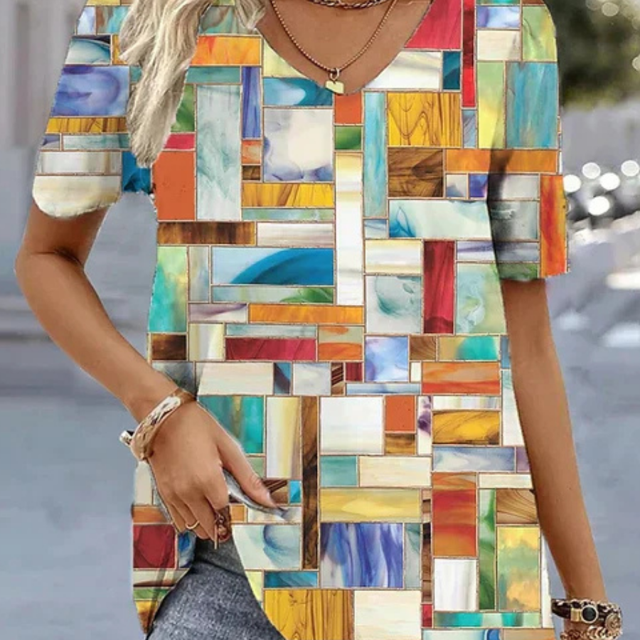 Abstract Print V-Neck Short Sleeve T-Shirt