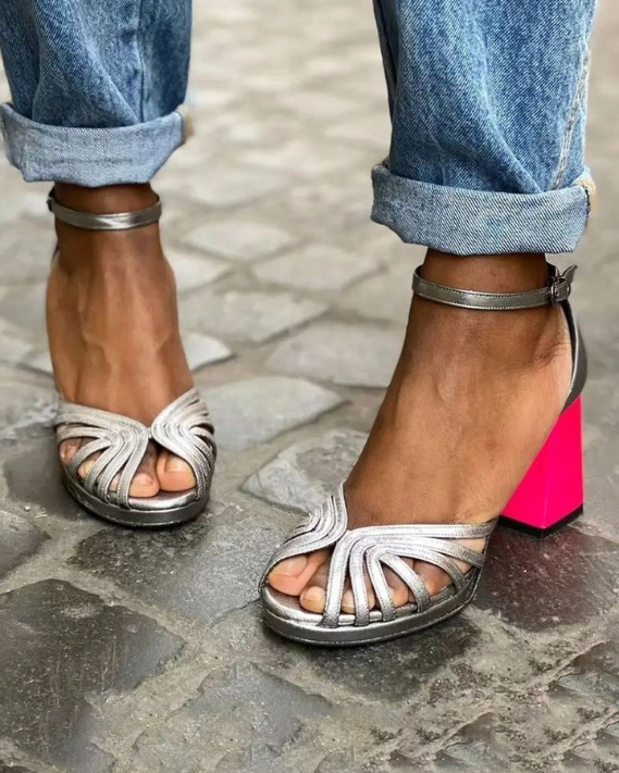 Silver Metallic Colour Block Heel Sandals