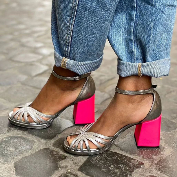 Silver Metallic Colour Block Heel Sandals