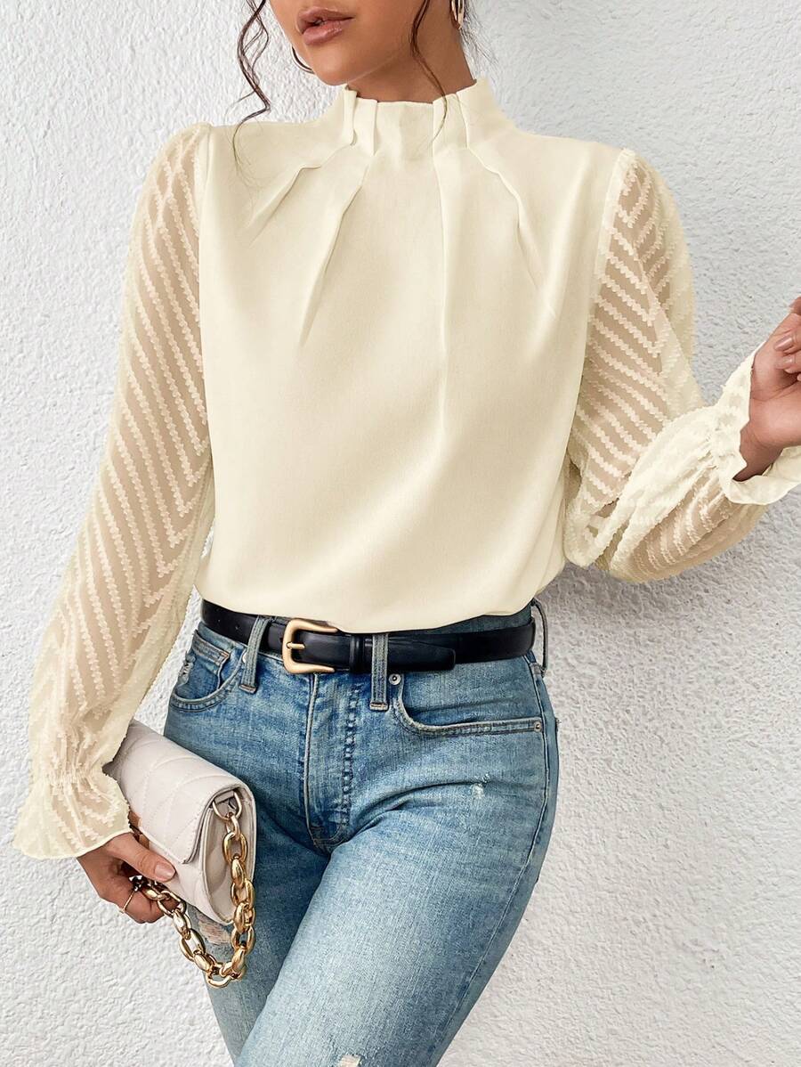 High Neck Blouse with Sheer Sleeves