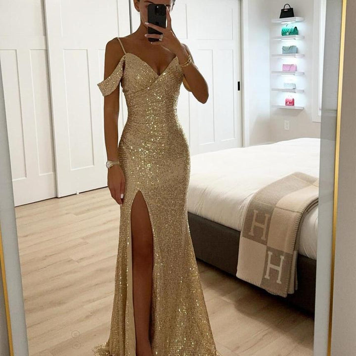Shimmer Finish Maxi Evening Dress