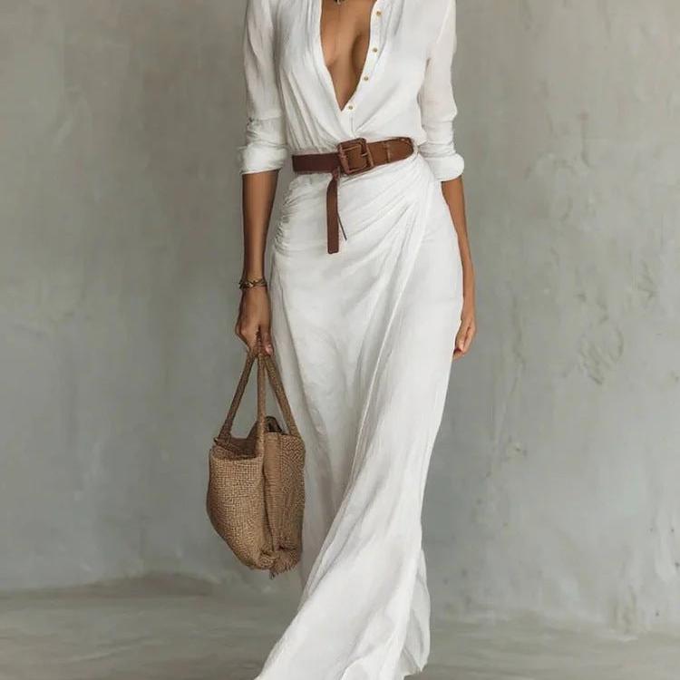 Long Sleeve Belted Shirt Collar Dress