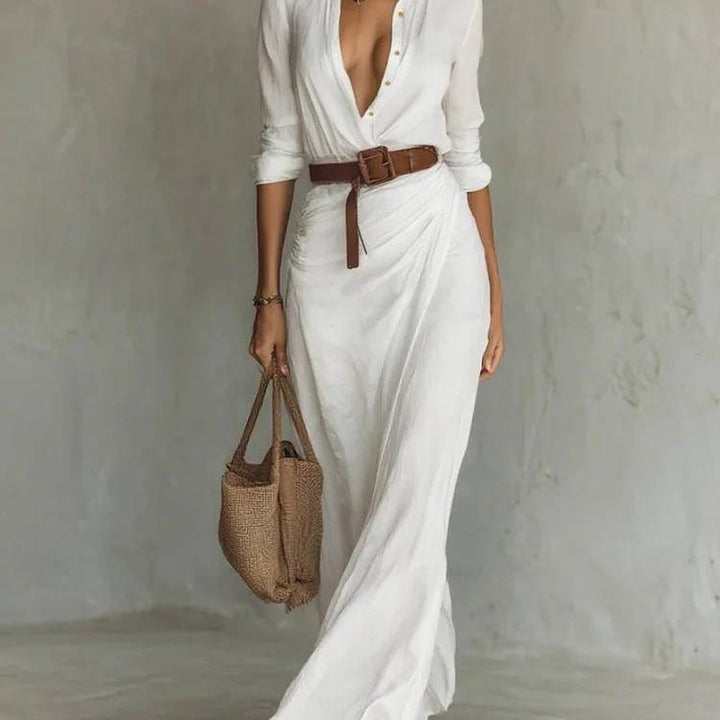 Long Sleeve Belted Shirt Collar Dress