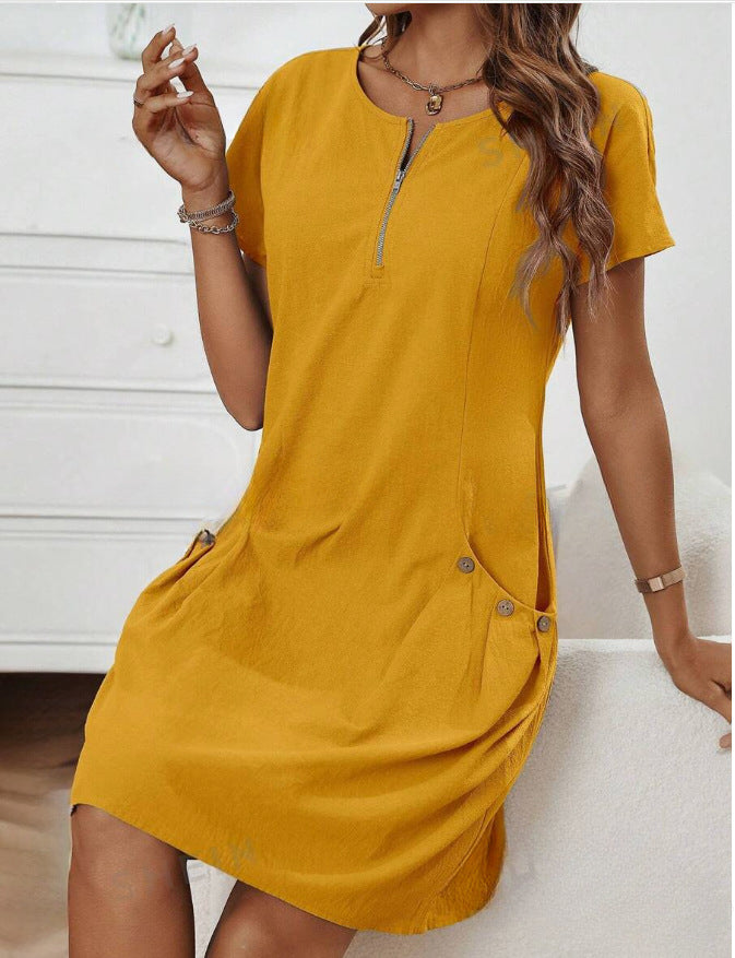 Short Sleeve A Line Tunic Dress with Pockets