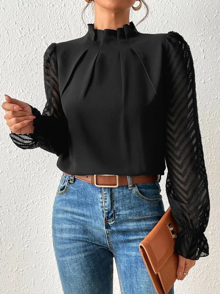 High Neck Blouse with Sheer Sleeves