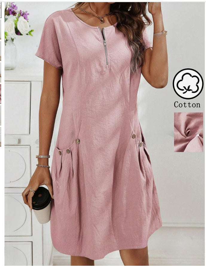 Short Sleeve A Line Tunic Dress with Pockets