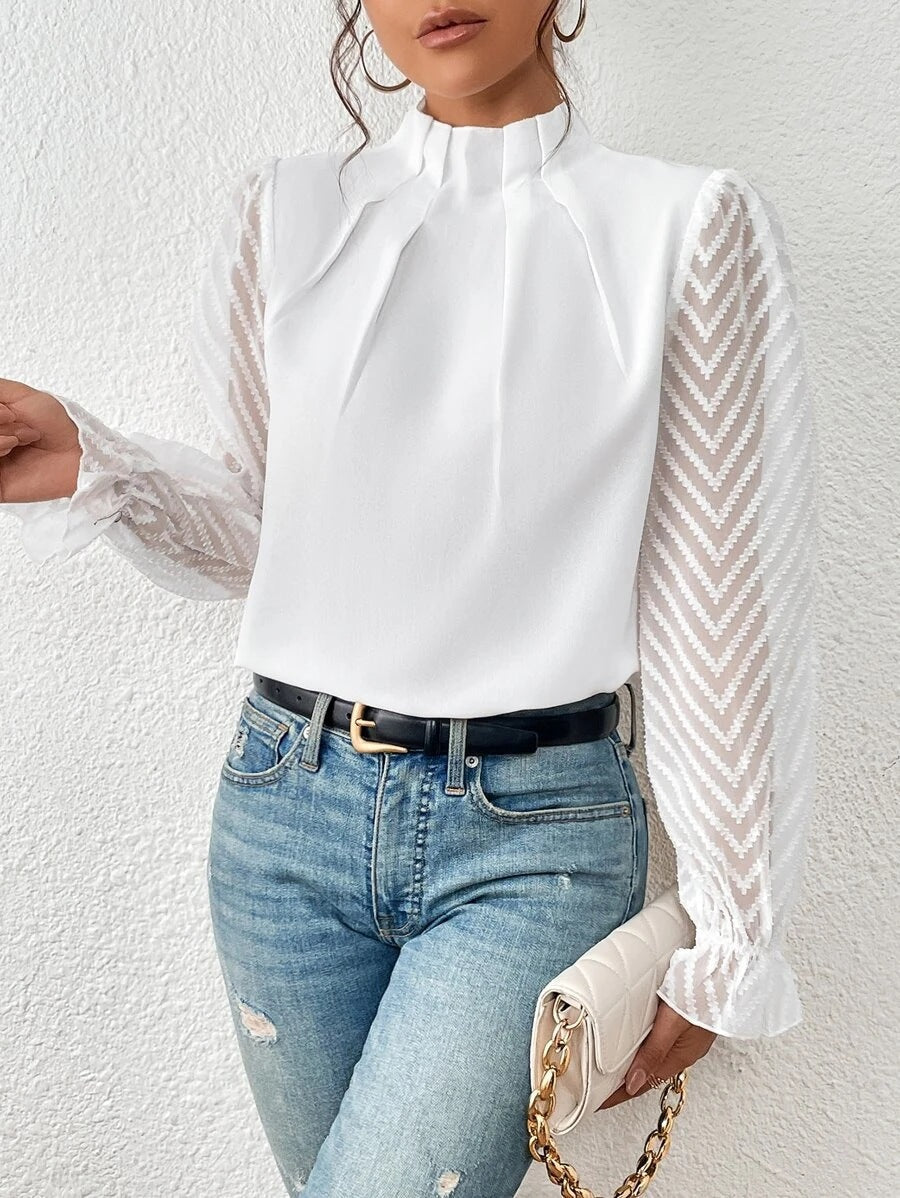 High Neck Blouse with Sheer Sleeves