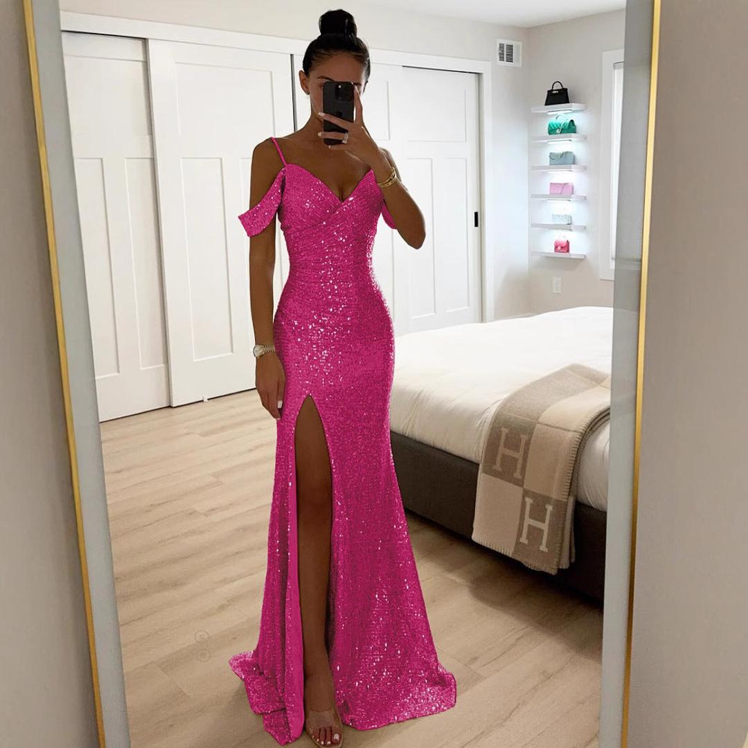 Shimmer Finish Maxi Evening Dress