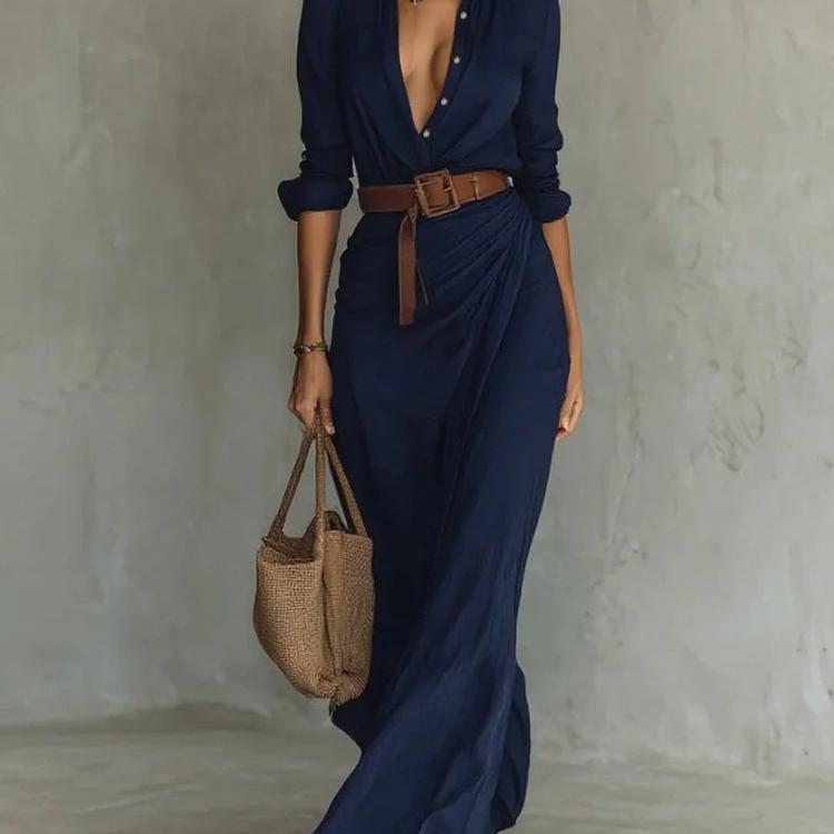 Long Sleeve Belted Shirt Collar Dress