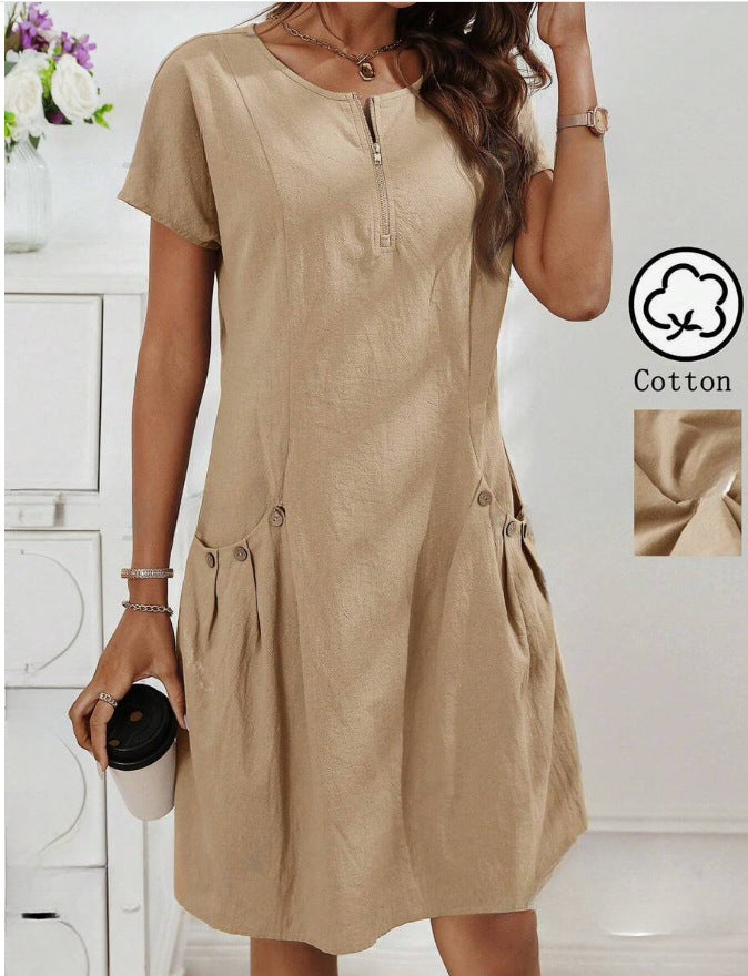 Short Sleeve A Line Tunic Dress with Pockets
