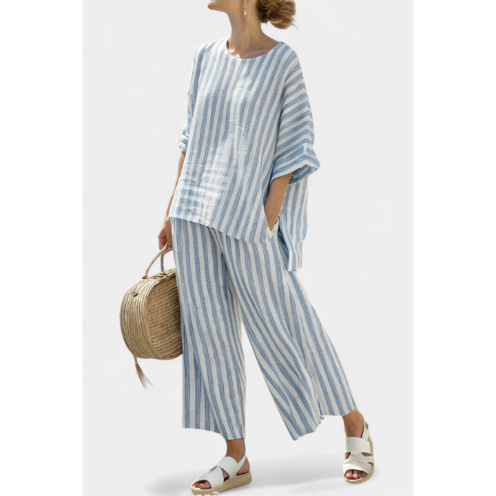 Striped Batwing Top And Wide-Leg Pant Set