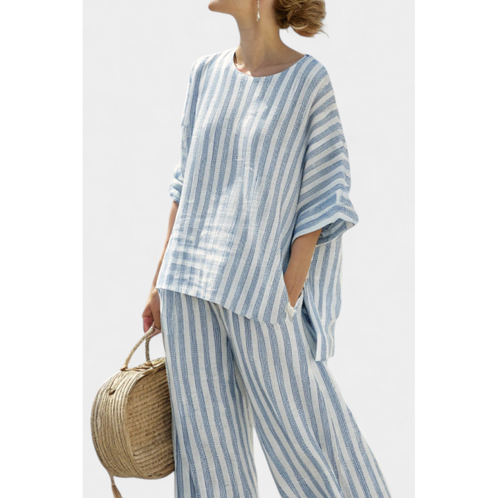 Striped Batwing Top And Wide-Leg Pant Set