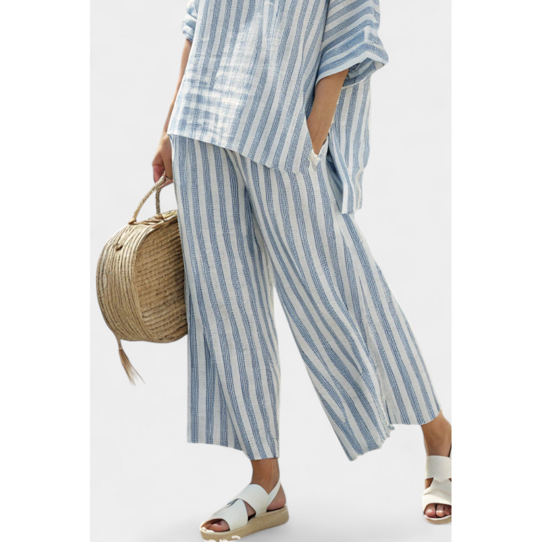 Striped Batwing Top And Wide-Leg Pant Set
