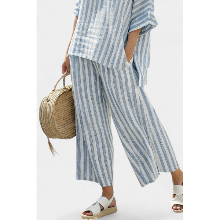 Striped Batwing Top And Wide-Leg Pant Set