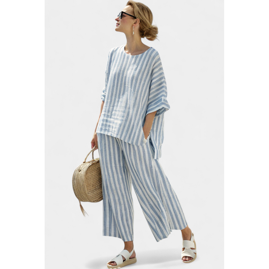 Striped Batwing Top And Wide-Leg Pant Set