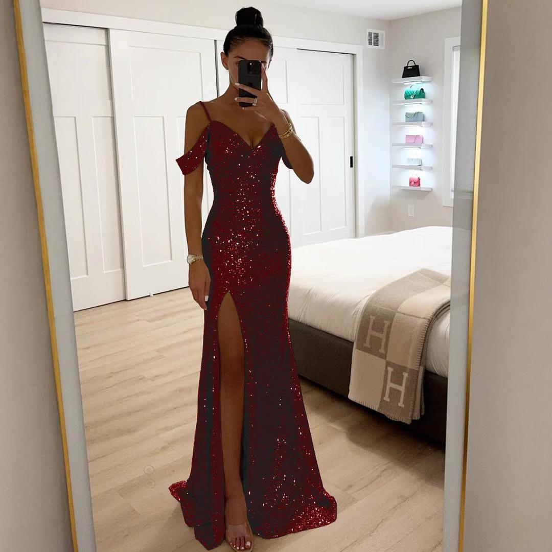 Shimmer Finish Maxi Evening Dress