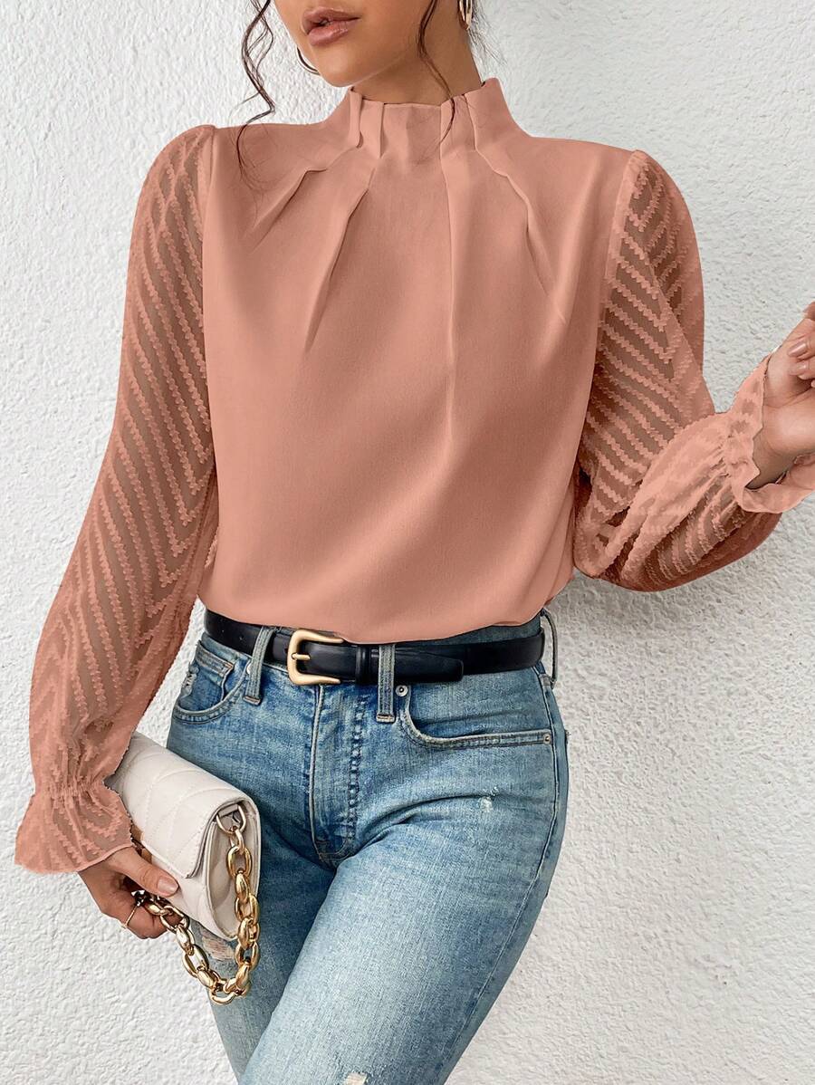 High Neck Blouse with Sheer Sleeves