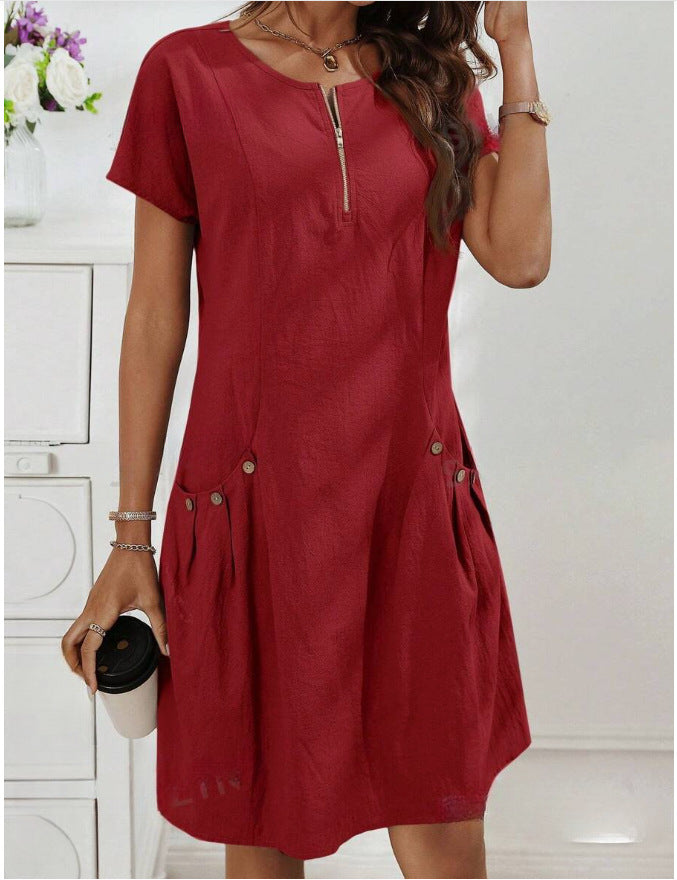 Short Sleeve A Line Tunic Dress with Pockets