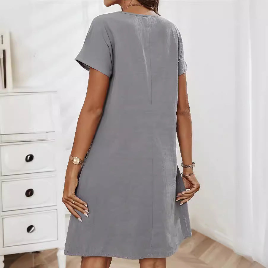 Short Sleeve A Line Tunic Dress with Pockets