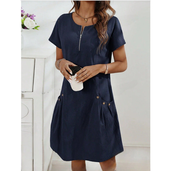 Short Sleeve A Line Tunic Dress with Pockets