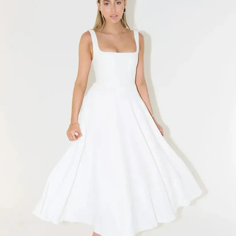 Square Neck High Waist Midi Dress