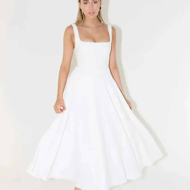 Square Neck High Waist Midi Dress