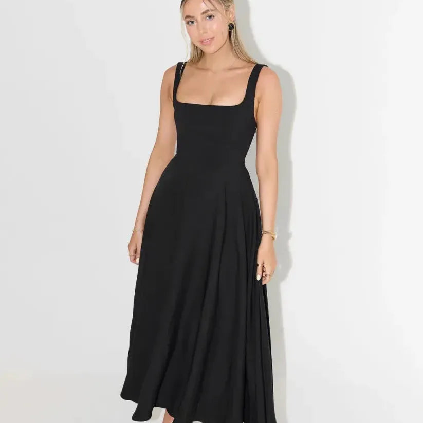 Square Neck High Waist Midi Dress