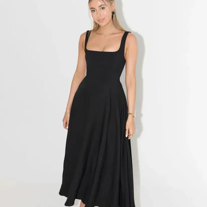 Square Neck High Waist Midi Dress