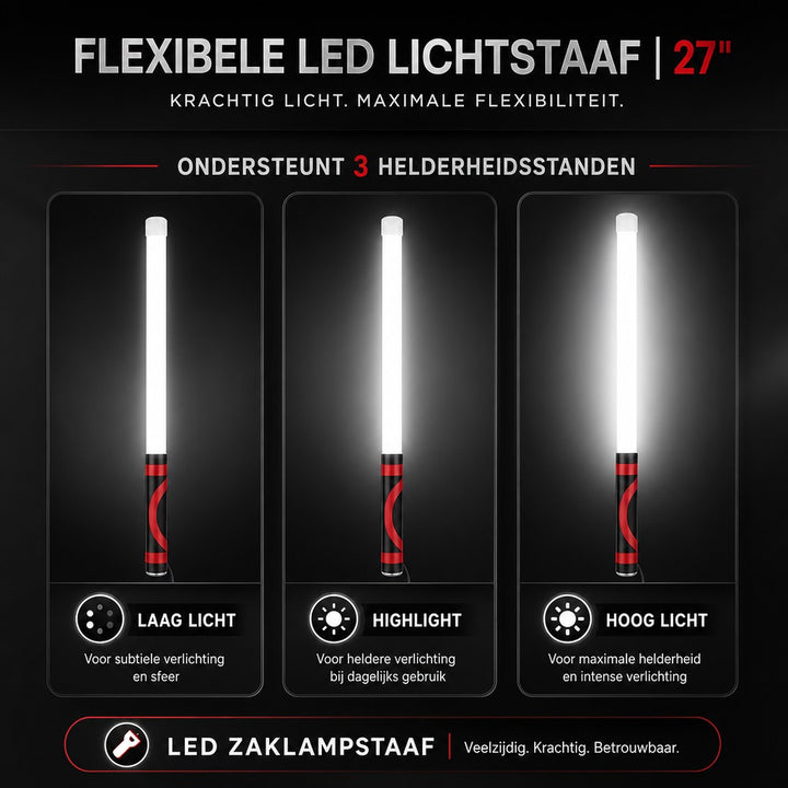 FlexBeam | Buigbare LED-werklamp | Buigbare LED Zaklamp 30 Inch – Flexibele Oplaadbare Werklamp met 3 Helderheidsniveaus, Handsfree Verlichting voor Klussen