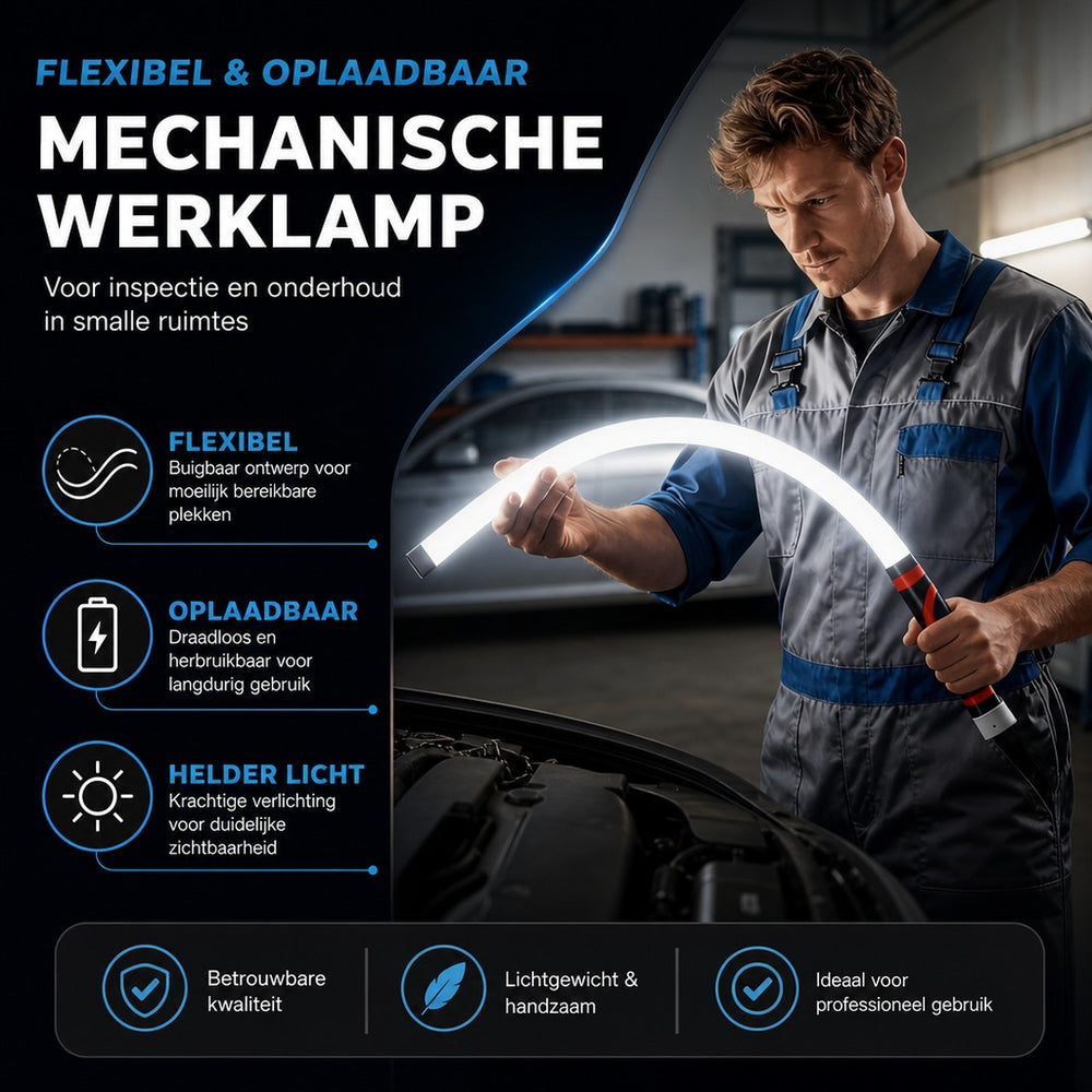 FlexBeam | Buigbare LED-werklamp | Buigbare LED Zaklamp 30 Inch – Flexibele Oplaadbare Werklamp met 3 Helderheidsniveaus, Handsfree Verlichting voor Klussen