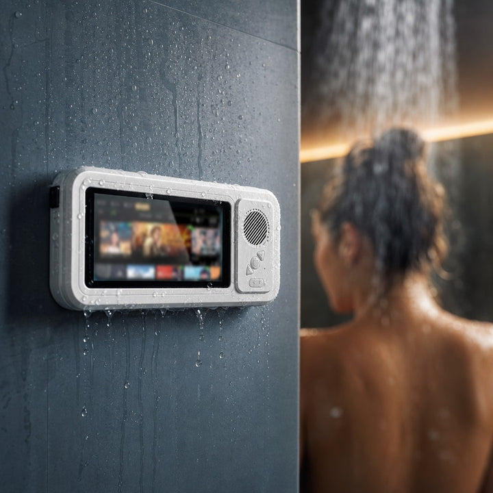 AquaSound | Douchetelefoonhouder met speaker | Douche Telefoonhouder met Bluetooth Speaker – Waterdichte 360° Muurhouder Anti-Fog voor Telefoons 4-6.9 Inch, Badkamer Accessoire