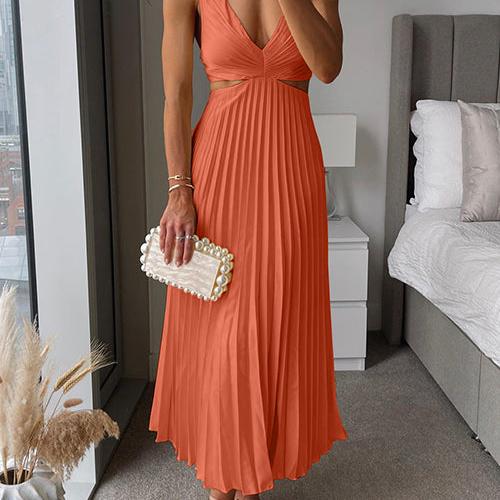 Satin-Look V Neck Midi Dress with Side Cutouts