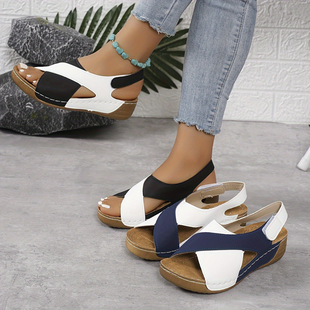 Colour Block Cross-Strap Wedge Sandals