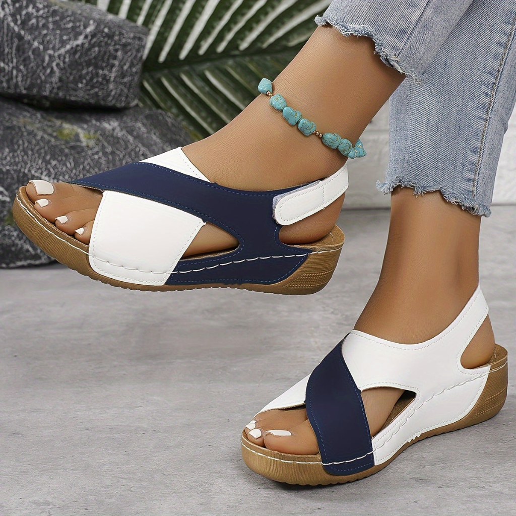 Colour Block Cross-Strap Wedge Sandals