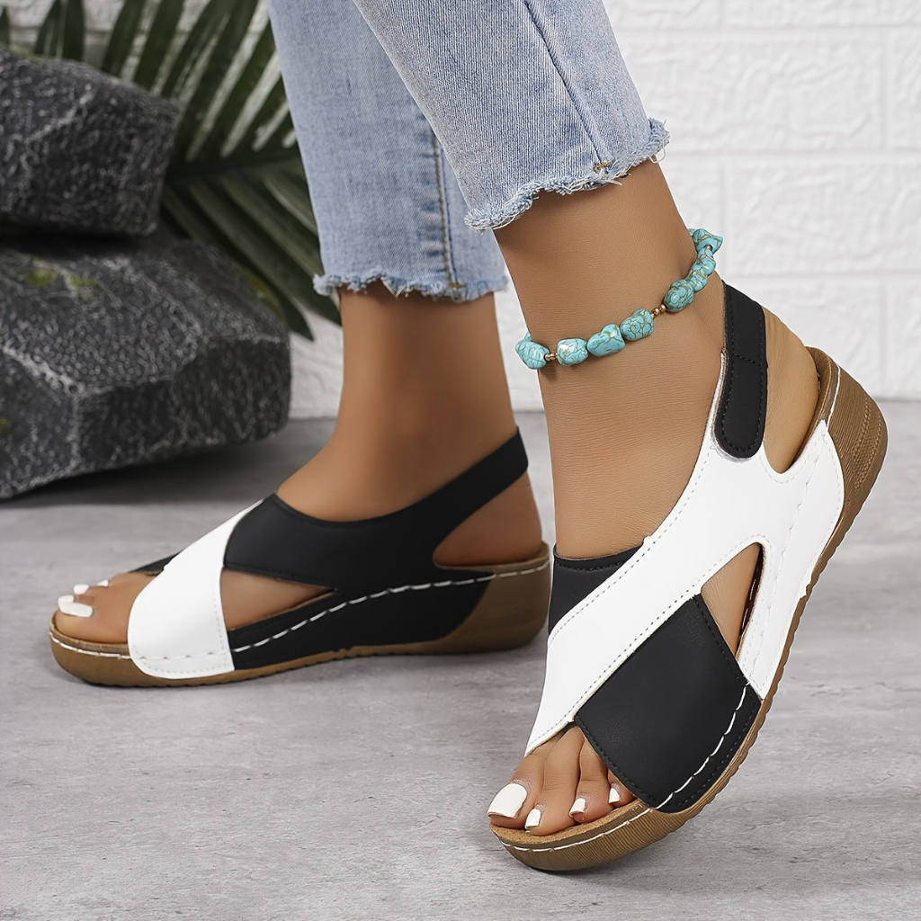 Colour Block Cross-Strap Wedge Sandals