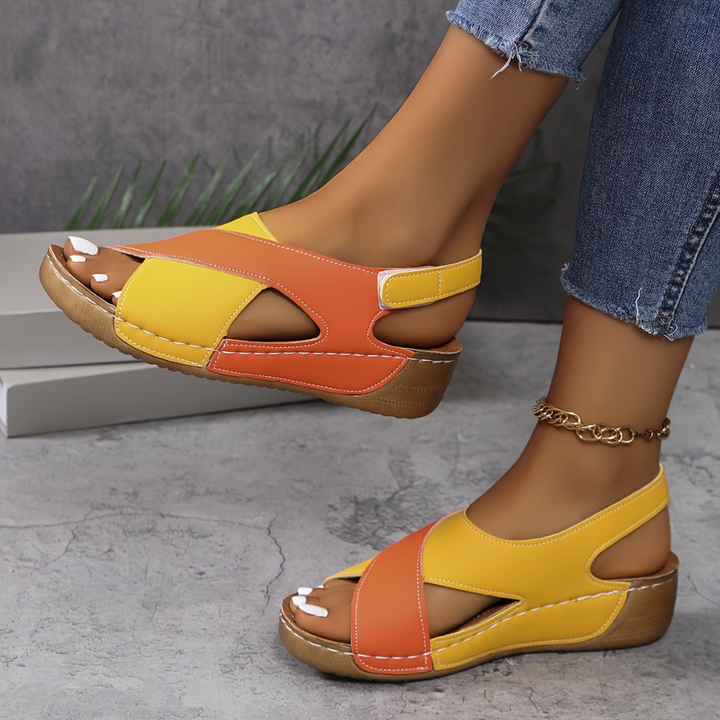 Colour Block Cross-Strap Wedge Sandals