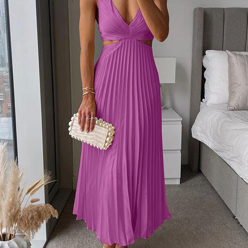 Satin-Look V Neck Midi Dress with Side Cutouts