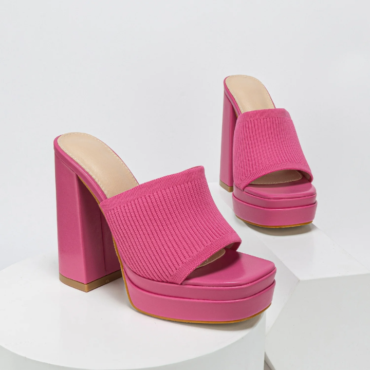 Knit Block Heel Platform Mules