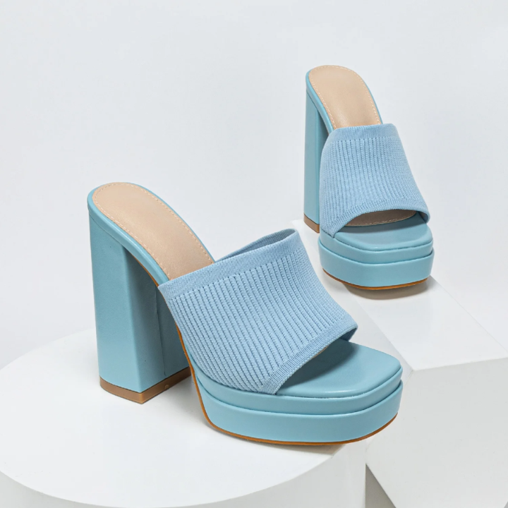 Knit Block Heel Platform Mules