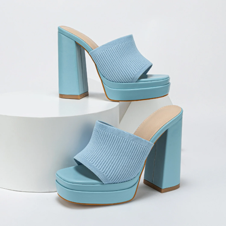 Knit Block Heel Platform Mules