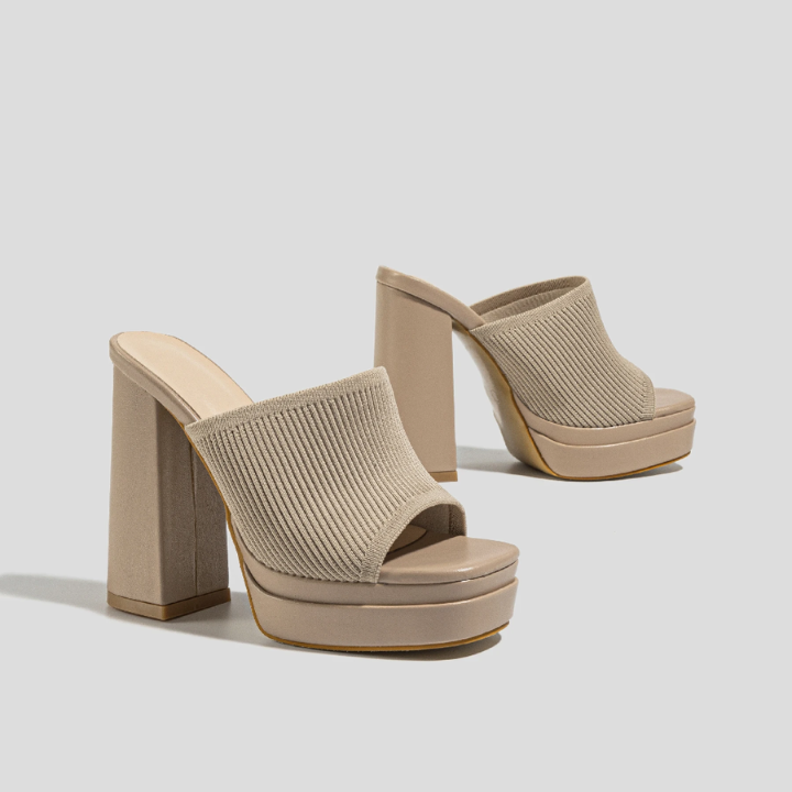 Knit Block Heel Platform Mules
