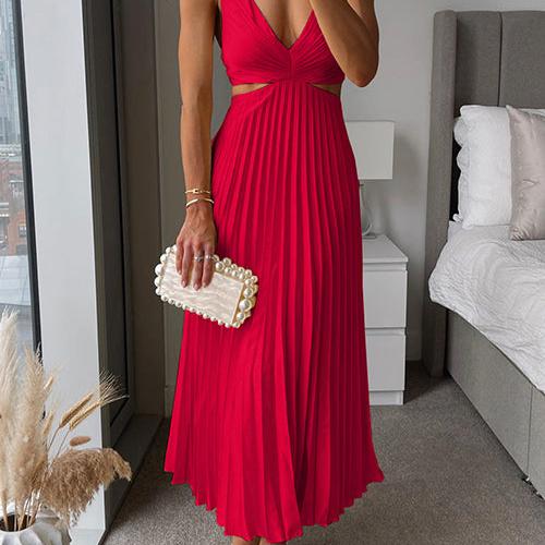 Satin-Look V Neck Midi Dress with Side Cutouts