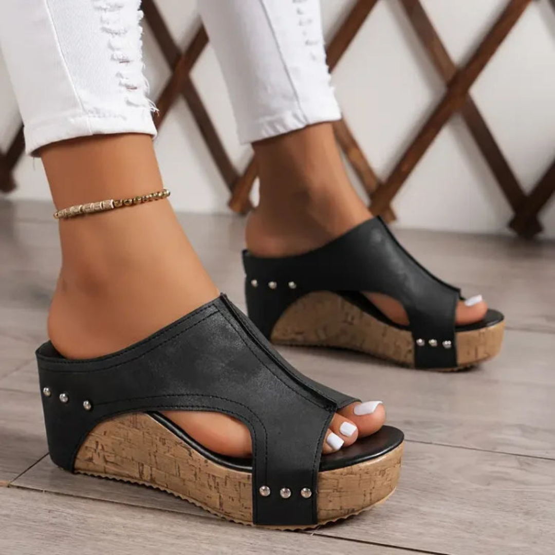 Studded Cork Platform Wedge Mule Sandals