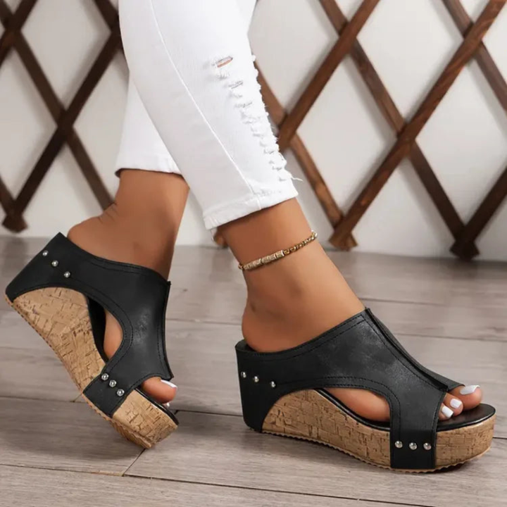 Studded Cork Platform Wedge Mule Sandals