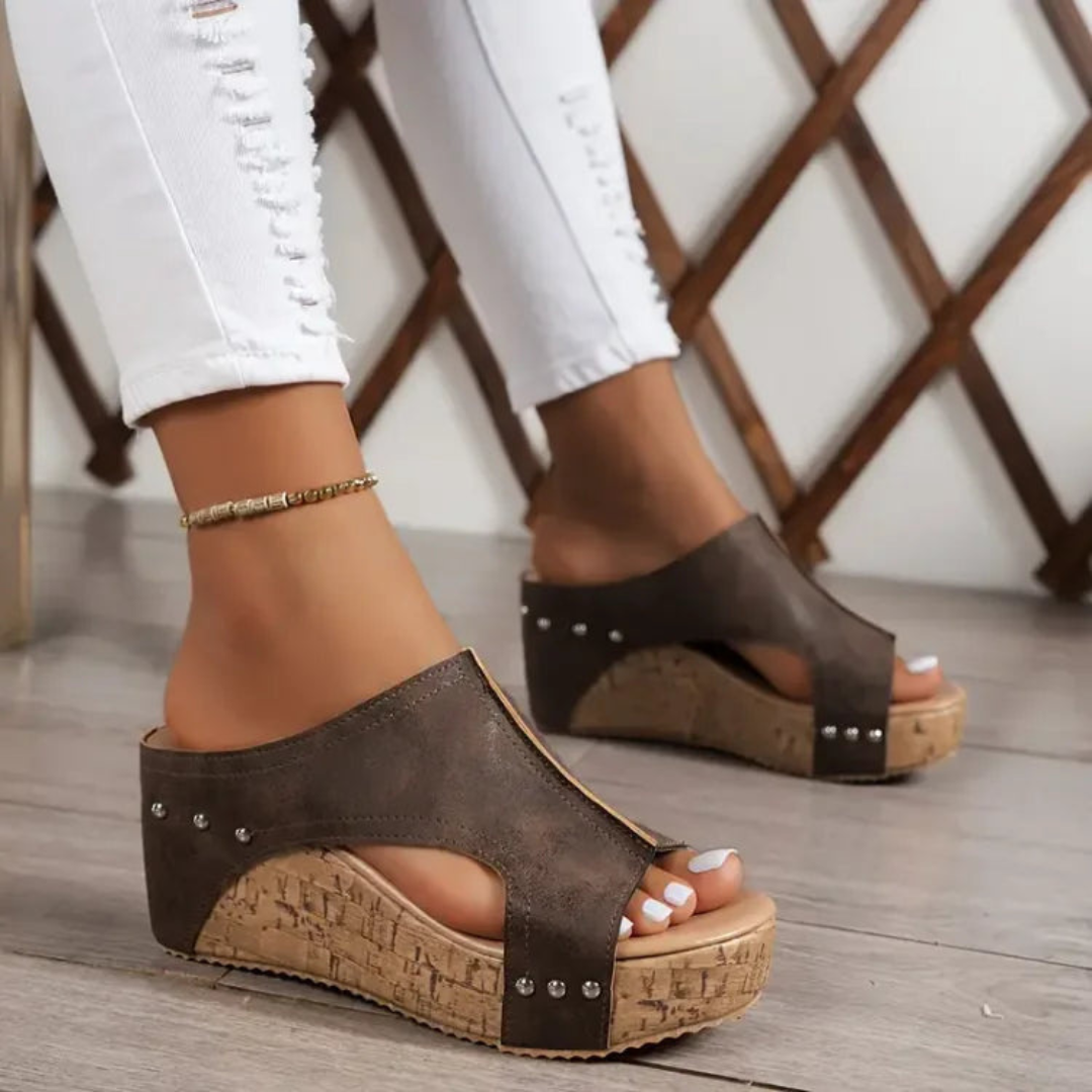 Studded Cork Platform Wedge Mule Sandals